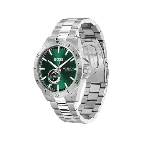 Hugo BOSS Analog Watch Troper Automatic Mech-Automatic Green Round Dial Men's Watch|Stainless Steel Material|Silver Color Band - 1514200
