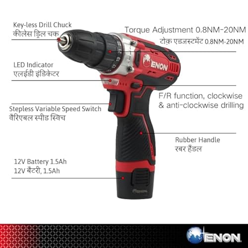Image of Enon 12V Cordless Drill Machine for Home Use, Compact Cordless Screw Driver, Powerful, 2 Speed, LED, 1500RPM,10mm Chuck, Reversible Switch, Drilling,1500mAh Battery with1 Battery
