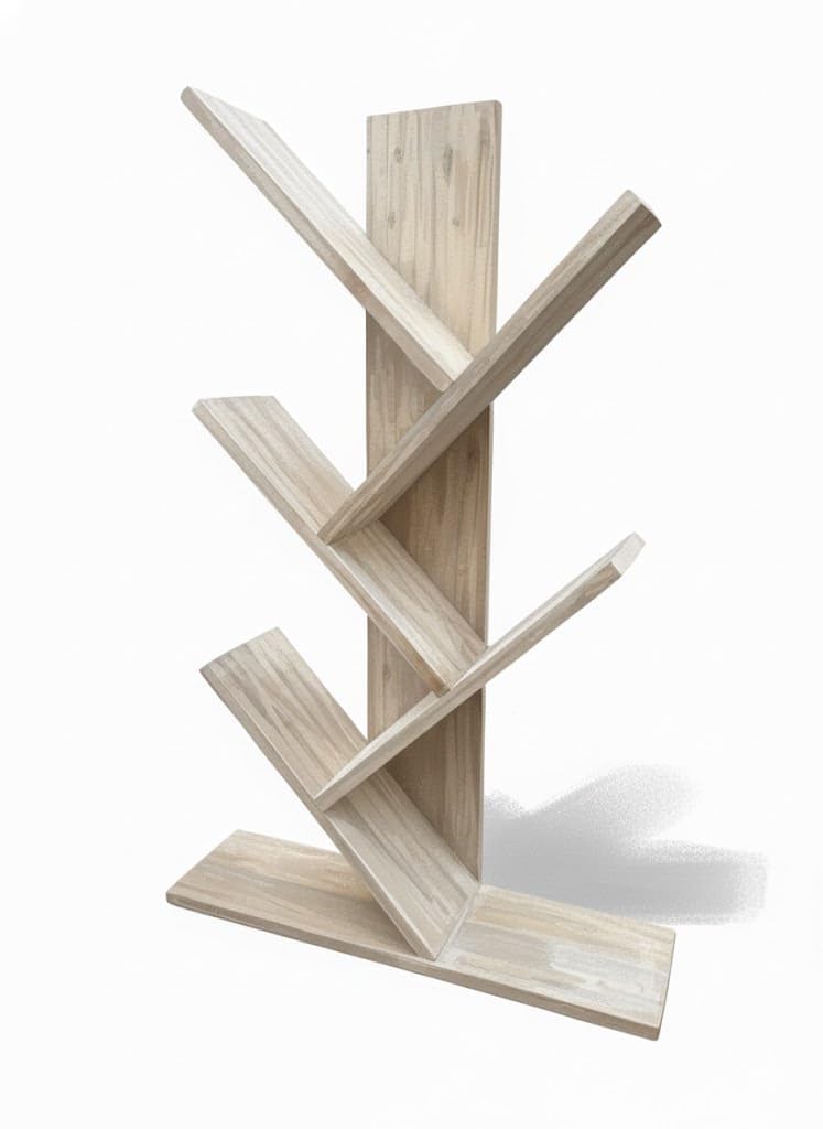 4 Feet Tree-Shaped Wooden Book Shelf, Modern Freestanding Bookcase, 122x17x109 cm, Space Saver Organizer for Home Living Room and Office Tabletop-picture-38