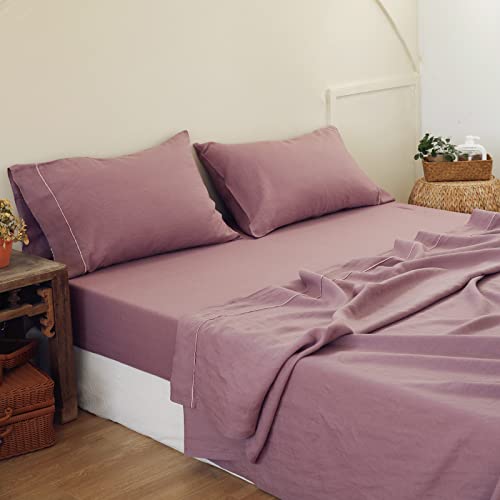 Simple&Opulence 100% Linen Sheet Set with Embroidery Washed - 4 Pieces (1 Flat Sheet & 1 Fitted Sheet & 2 Pillowcases) Natural Flax Soft Bedding Breathable Farmhouse - Purple, King Size