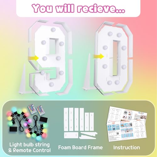Image of Imprsv Colorful 3FT Marquee Numbers Light up Numbers 90 Birthday Decoration | RGB with Remote, Party Decorations Anniversary Wedding Decorations Assembly Required Foam Board 39 Pcs Accessory Set