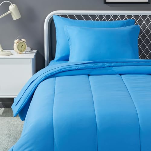 Image of Amazon Basics 5-Piece Microfiber Kid's Bed-in-a-Bag Bedding Set, Twin, Blue, Solid