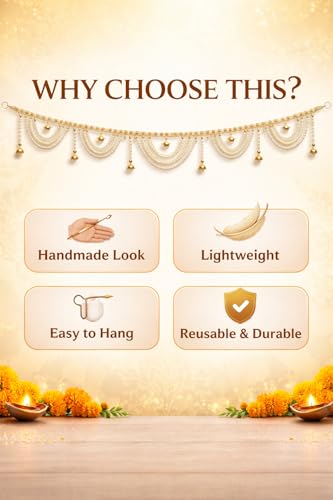 Image of Premium Pearl Beaded Door Toran with Golden Bells | 3 Feet Traditional Bandhanwar for Main Door, Mandir & Wedding Decoration | Elegant Hanging for Diwali & Griha Pravesh
