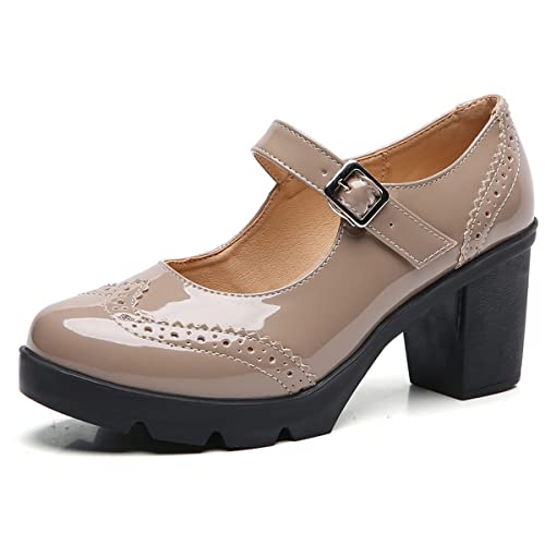 SHEMEE Women's Chunky Platform Patent Leather Mary Janes Pumps Buckle Ankle Strap Block High Heels Wingtip Oxfords Dress Shoes Uniform2