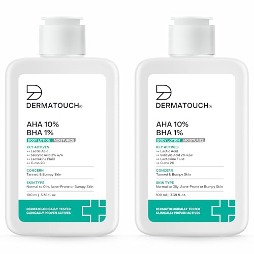 Image of DERMATOUCH AHA 10% BHA 1% Body Lotion For Men and Women | Body lotion For Dry Skin - De-tan, Moisturizing & Bumpy Skin | Suitable For All Skin Types | 100ml (Pack of 2)