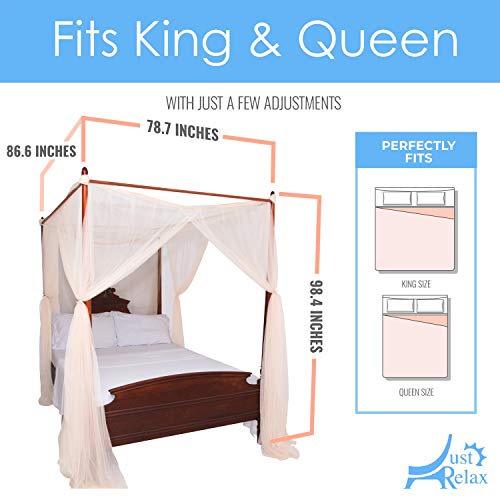 Just Relax Four Corner Post Elegant Mosquito Net Bed Canopy Set, Beige, Full/Queen/King, 86.6x78.7x98.4 Inches - Thumbnail 6