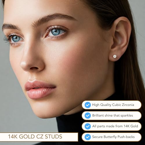 14k Yellow Gold Solitaire Round Cubic Zirconia CZ Stud Earrings with Gold butterfly Pushbacks2
