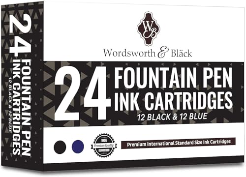 Wordsworth & Black - Paquete de 24 cartuchos de tinta para pluma estilográfica - Negro y azul - Tamaño estándar internacional - Longitud aprox. 3,8 cm - Diámetro de la base aprox. 0,6 cm - Desechable