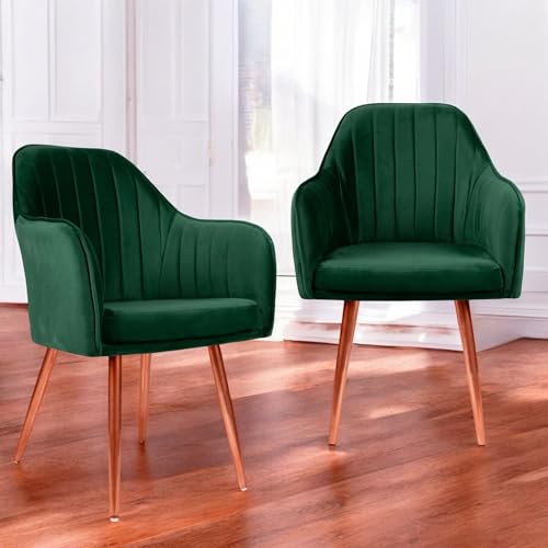 Image of Set of 2 Accent Chair for Living Room | Modern Armchair in Soft Velvet Fabric with Sturdy Legs | Premium Chair for Home Living Room Bedroom Restaurent | (Bronze Legs, Green)