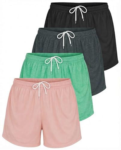 Real Essentials 4 Pack: Womens Active Athletic Performance Mesh Shorts with Pockets (Available in Plus Size)