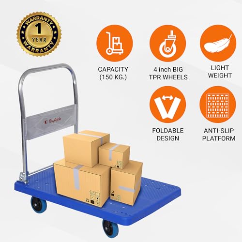 Image of BIGAPPLE 150kg Capacity Plastic Foldable Platform Trolley for Heavy Weight /Material Handling Goods Trolley for Home, Office, Warehouse & Industries - 48cm x 72cm (4 inch Wheel /Blue) - PACK of 6