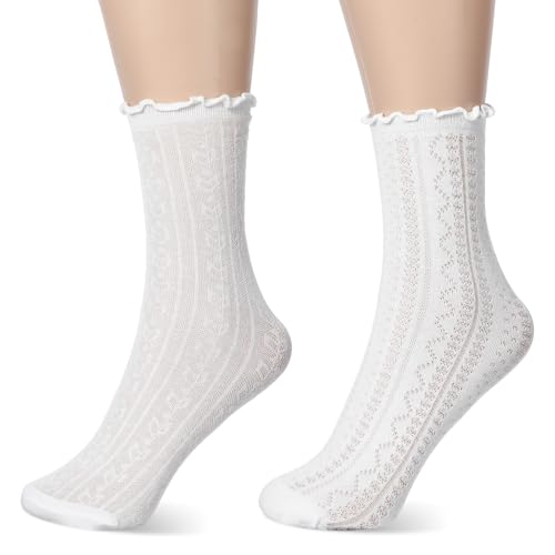 Ouligay 2 Paar Socken Damen Spitzen Söckchen mit Rüschen socke Weiß Baumwolle Socke mit Rüschen 39-42 Atmungsaktive Sportsocken Damensocken Meshsocken für Damen Mädchen Prinzessin Kleidsocken