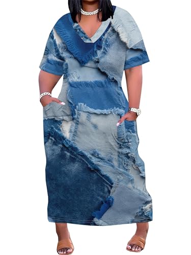 Image of SUZONANA Plus Size Denim Print Maxi Dresses for Women Casual V Neck Short Sleeve with Pockets Soft Jean Look Dress XL-6XL