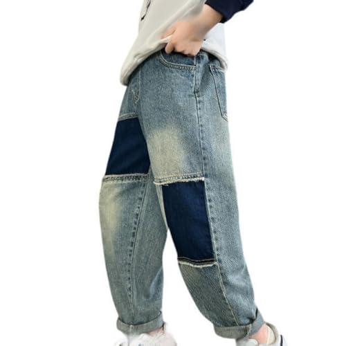 Patchwork Baggy Jeans for Kids Boys Casual Straight Elastic Waist Denim Pants Baggy Blue Autumn School Jeans