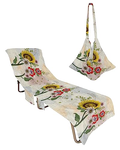 Sunflower, Beach Lounge Chair Towel Cover, Soft Chaise Lounge Towel with Side Pockets Patio Pool Chairs Cover for Beach/Pool Sunbathing 29x85 Geometric Daisy Flower Green Leaves Watercolor