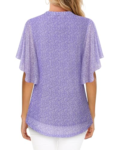 Image of Timeson Women's Short Sleeve V Neck Blouses Shirts Floral Double Layers Mesh Tunics Tops