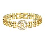 WEDDINEN Initial Bracelet,14K Gold Plated Letter Bracelets for Women, Thick Bangle Wrist Gold Alphabet Bracelet for Women, Christmas Gifts for Women Jewelry Initial R Charm Chain