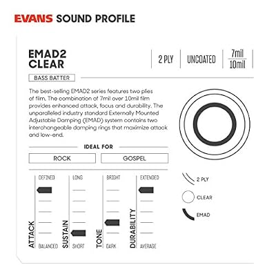 Evans EMAD2 Clear Bass Drum Head, 20 Externally Mounted Adjustable Damping System Allows Player to Adjust Attack and Focus 2 Foam Damping Rings for Sound Options - Versatile for All Music Genres