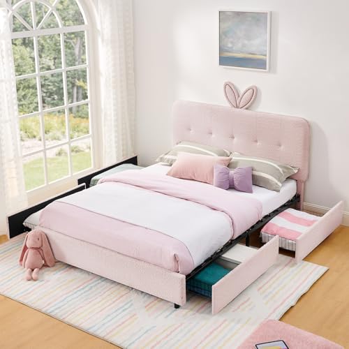 Image of Queen Led Bed Frame with 4 Storage Drawer, Upholstered Platform Floor Bed with Rabbit Ear Headboard Daybed Strong Wooden Slats No Box Spring Needed for Kids Girls Boys, Pink