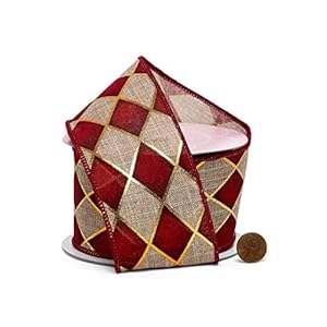 Christmas Harlequin Diamonds Wired Ribbon 2 12 x 10 Yards Red Natural Gold Argyle Gift Wrapping Wreath Decoration Garland Tree Topper Bow Decor Valentines Day