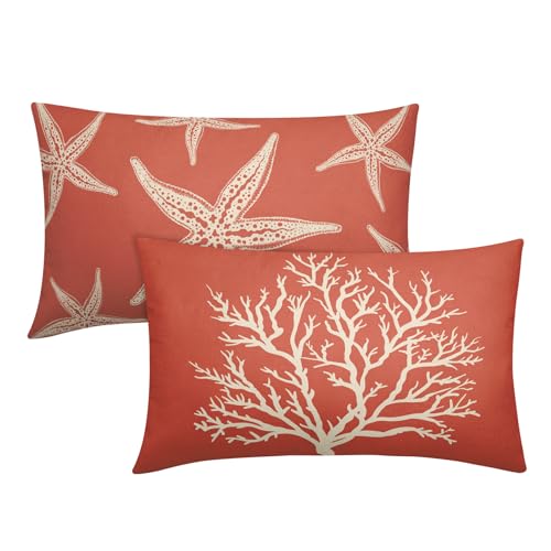 Image of Summer Sea Starfish Pillow Cover 12x20 Inch Set of 2 Beach Pink Coral Lumbar Throw Pillowcase Cotton Linen Square Decorative Nautical Coastal Themed Cushion Cover for Sofa Bedroom Indoor Outdoor Party