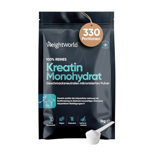 Creatin Monohydrat 1kg Pulver – 11 Monate Vorrat – 1000g veganes mikronisiertes Kreatin Powder – 330 Portionen – WeightWorld., 22.49 €
