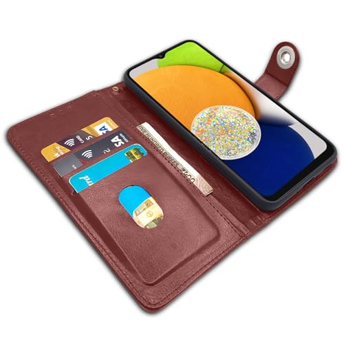Image of Pikkme Samsung Galaxy A03 Flip Cover Leather Finish | Inside TPU with Card Pockets | Wallet Stand and Shock Proof | Complete Protection Button Flip Case (Brown)