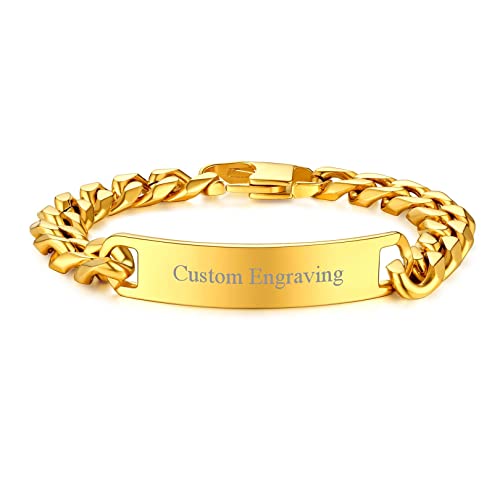 FOCALOOK Personalised Men Bracelet Gold Plated 10mm Wide Curb Chain Custom Name ID Indentity Bracelets Customised Boys Jewellery 8 Inch