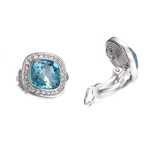Yoursfs Blue Clip On Eearrings For Women Platinum Plated 4Ct Square Crystal Halo Cz Bridal Wedding Earring #TOP4