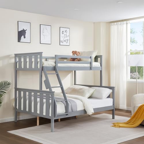FLEXISPOT Twin Over Full Bunk Bed with Flexible Ladder,Kids Solid Wood Bed Frame,Strong Wooden Slats, Non-Toxic Finishes, No Box Spring Needed,Grey