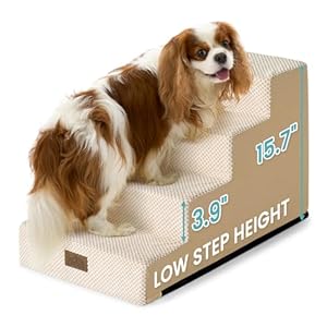 Low Dog Stairs for Small Dogs 15.7″ H, Pet Steps for Couch Sofa Chair with Washable Cover, Non-Slip Indoor Ramp for Puppy Older Cats, 4 Step, Beige