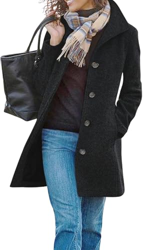 Image of ETCYY Womens Coats Winter Long Wool Coat Trench Coat Fall Clothes Casual Blazers Notch Lapel Breasted Jacket Blend Peacoat,Pure Black,Large