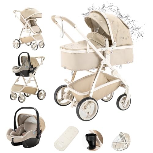 Gcarebb Cochecito de cuero 3 en 1, cochecitos de ciudad con asiento de coche, cochecito plegable portátil con un solo clic, marco de aluminio alto, cochecitos combinados para 0-4 años