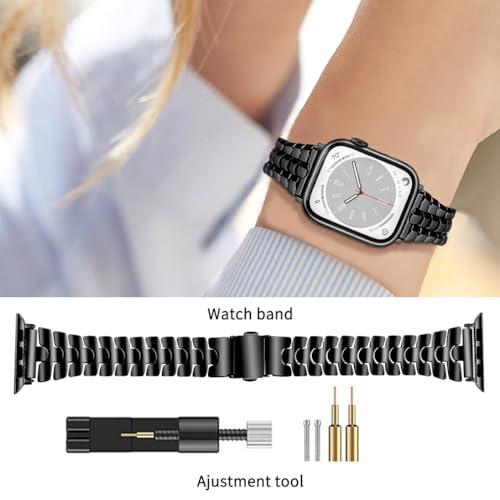 Thin Metal Band Compatible with Apple Watch Band 38mm 40mm 41mm 42mm 44mm 45mm 49mm, Dressy Stainless Steel Chain Strap, Slim Fancy iWatch Band with Case for Women Men