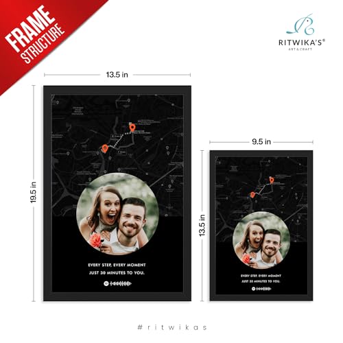 Image of Ritwika's Personalized Picture Frame With Long Distance Map Black - Customize Your Photo, Message, Place And Song | For Couples and Friends | In Two Size 9.5 x 13.5 & 13.5 x 19.5 Inch, Set of 1