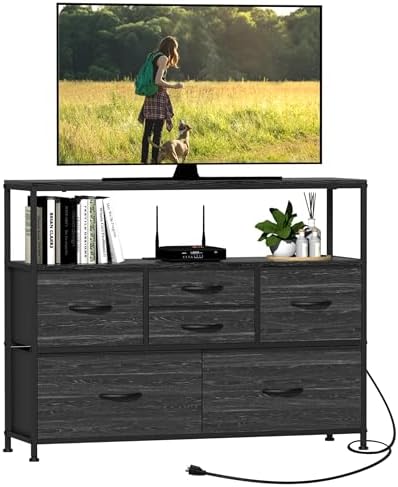 TV Stand with Power Outlet and Fabric Drawers Entertainment Center for TV up to 45 inch Industrial Open Storage Shelf Media Console for Living Room Charcoal Black