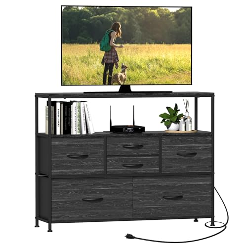 TV Stand with Power Outlet and Fabric Drawers Entertainment Center for TV up to 45 inch Industrial Open Storage Shelf Media Console for Living Room Charcoal Black