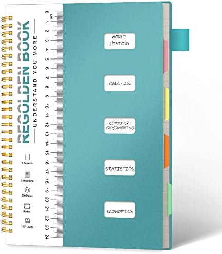 Regolden-Book 5 Subject Notebook College Ruled with Pocket and Dividers, Multi Subject Spiral Composition Notebook for School Supplies, Home & Office, Cornell Notes Notebook, 200 Pages, 7x10, Teal