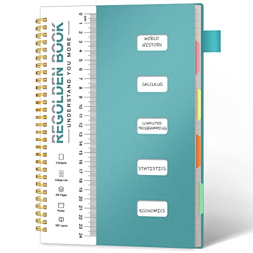 Regolden-Book 5 Subject Notebook College Ruled With Pocket And Dividers, Multi Subject Spiral Composition Notebook For School Supplies, Home & Office, Cornell Notes Notebook, 200 Pages, 7X10, Teal #TOP15