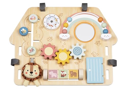 littlechus Wooden Activity Board for Babies & Toddlers Montessori Busy Board with Beads Cogs & Animal Sorters Educational Toy with Peekaboo Door & Mirror. Birthday Gift for Boys & Girls