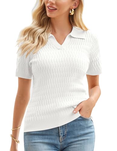GRACE KARIN Womens 2025 Summer Short Sleeve Sweater V-Neck Collared Pullover Sweater Tops Lightweight Knit Polo Shirt