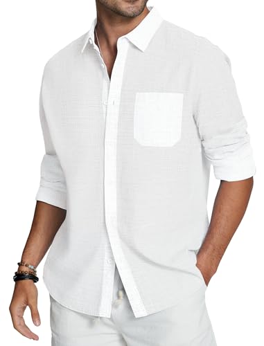 Friptspyg Leinenhemd Herren Langarm Baumwolle Leinen Hemd Herren Freizeithemden Casual Regular Fit Sommerhemd mit Tasche, Weiß XL 2