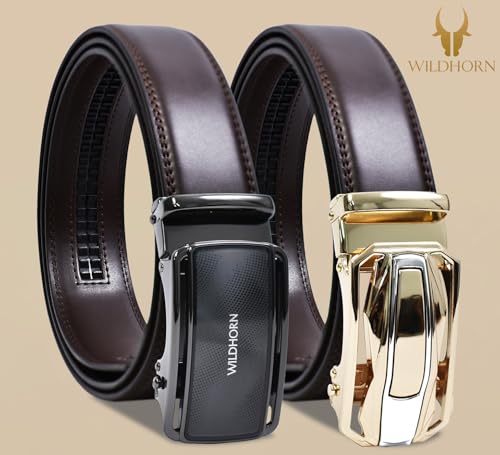 Image of WildHorn Men's Leather Belt Gift Set | Genuine Leather belt Strap with 2 Interchangeable Buckles | Formal & Casual Wear Adjustable Belt | Automatic lock leather belt for men