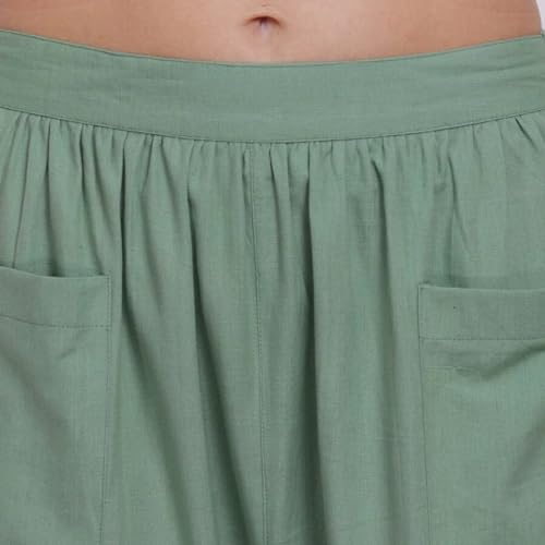 Image of Organic Cotton Yoga Pants with Loose Fit, Elasticated Waistband, Front Pockets, and Breathable Stretch for Women & Girls- Green (Bael)