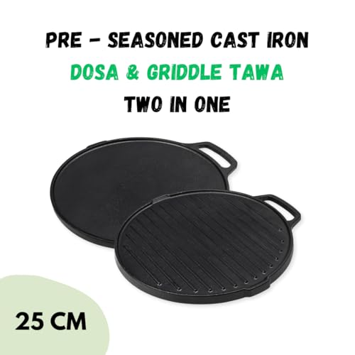 Image of Pencil Pre-Seasoned 2 in 1 Cast Iron Dosa & Griddle Tawa 25 cm | Compatible with Gas Stoves & Induction | Naturally Nonstick | 100% Pure & Toxin-Free | No Chemical Coating | Long-Lasting | Black