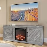BELLEZE Modern 58' Farmhouse TV Stand with 18' Electric Fireplace Heater & Media Entertainment Center for TV up to 65', Console Table with Storage Cabinets - Hilo (Grey Wash)