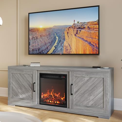 BELLEZE Modern 58" Farmhouse TV Stand with 18" Electric Fireplace Heater & Media Entertainment Center for TV up to 65", Console Table with Storage Cab