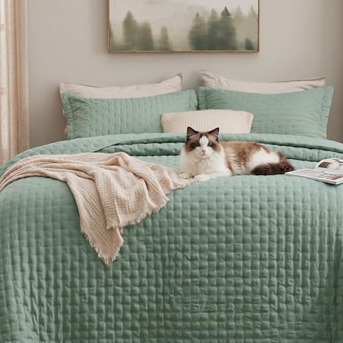 Image of Bedsure Quilts Queen Size - Sage Green Bedspread Queen Size & Lightweight Comforter, Modern & Boho Coverlet with Clover Pattern, Ultra Soft All-Season Bedding, 90 x 96 Inches