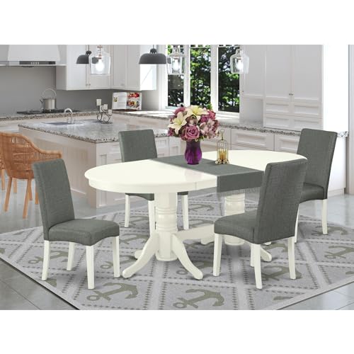 5Piece Dining Room Set for 4 with Linen White Leg and Gray Fabric
