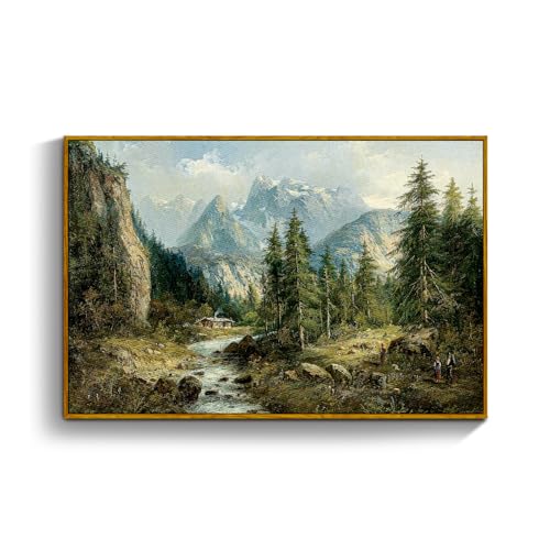 crmotu Vintage Framed Wall Art, Mountain River Landscape Canvas Painting, Pine Tree Forest Art Prints, Rustic Farmhouse Home Decorations, Pictures Wall Decor Living Room Bedroom Cottage 16x24in